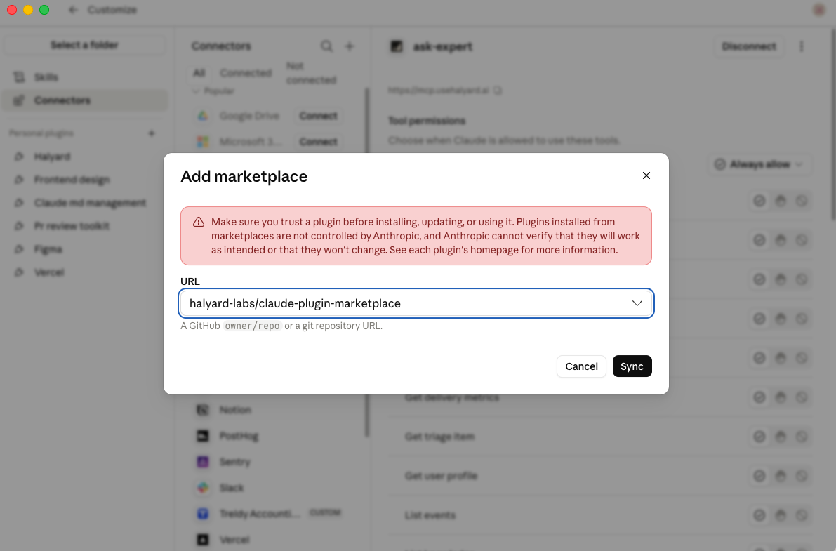 Add marketplace dialog with the Halyard marketplace repo entered in the URL field